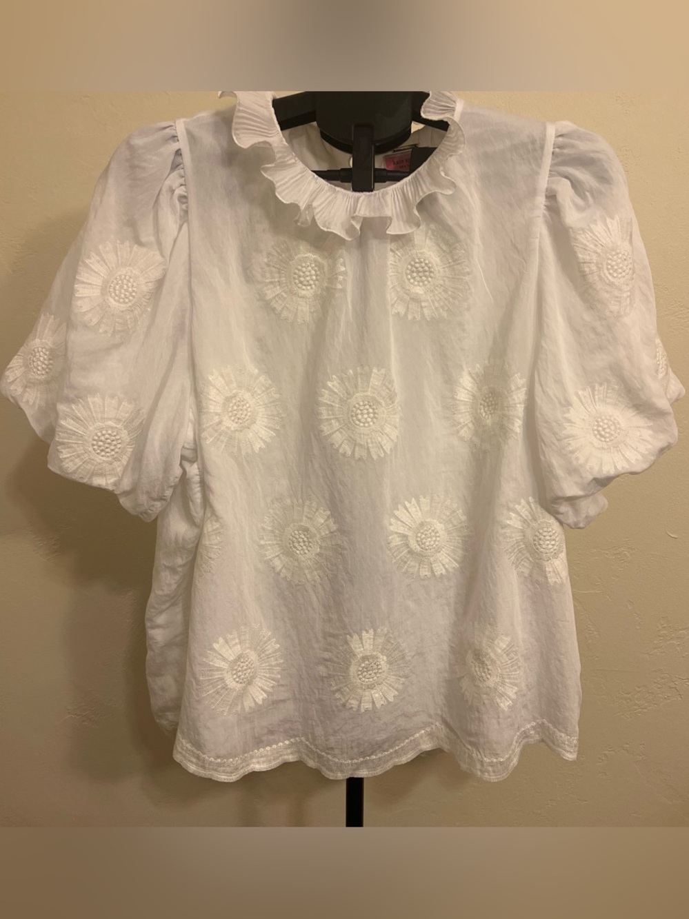 Kate Spade White Embroidered Ruffle Neck Puff Sleeve Top